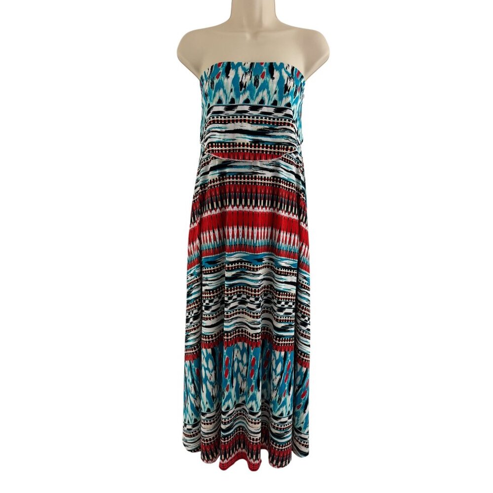 Red Teal Mixed Print Strapless Maxi Dress Size S M Summer Beach Wedding Party - Picture 2 of 9